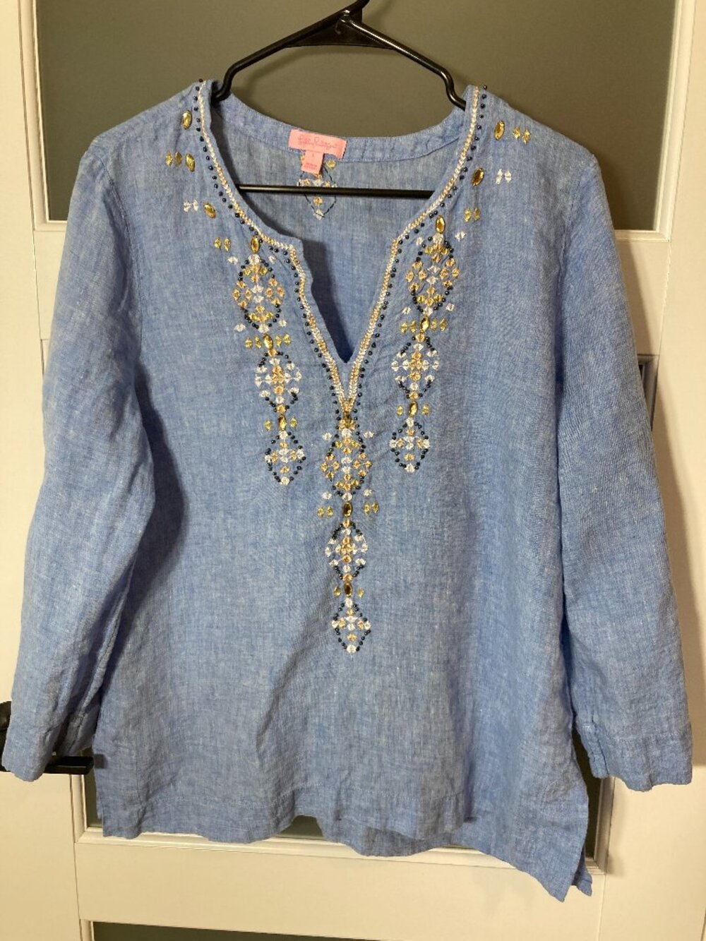 Lilly Pulitzer Amelia Island Linen Beaded Tunic Bennet Blue - L - May run small